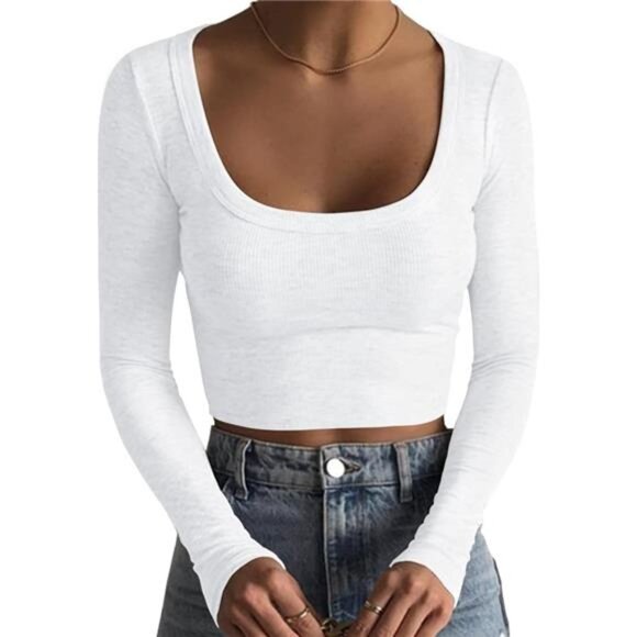 Tops - Women's Square Neck Long Sleeve Ribbed Slim Fitted Casual Basic Crop